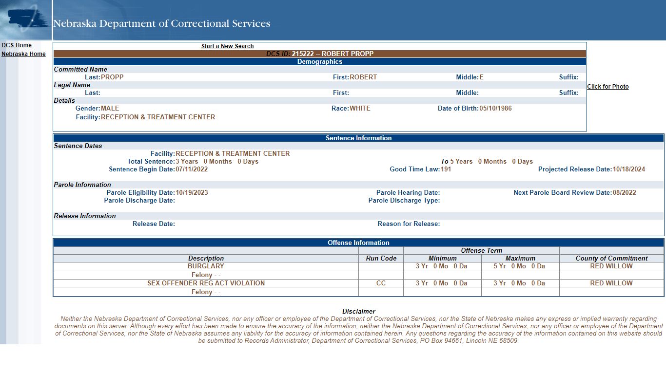 Nebraska Inmate Details